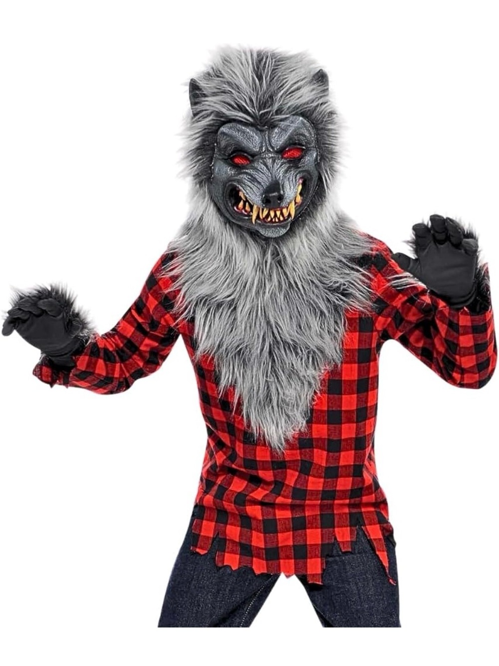 Kids Plaid Werewolf Costume with Gray Faux Fur Hood and Mask